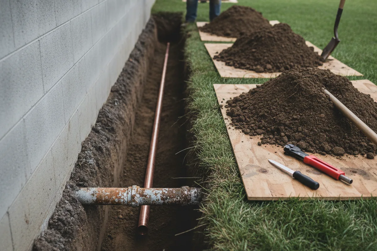 Excavated water line trench during Water Heater Repair in Fort George G Meade
